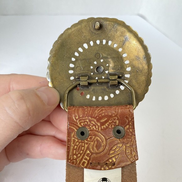 Fossil Womens Brown Gold Leather Tooled Belt Brass Floral Medallion Buckle sz M - Picture 9 of 12
